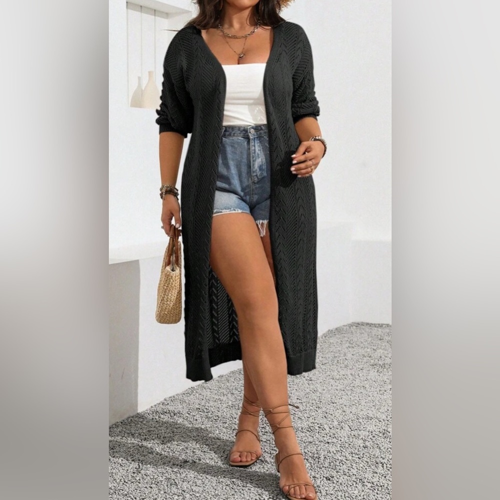 SHEIN Black Long Open-Front Knit Cardigan